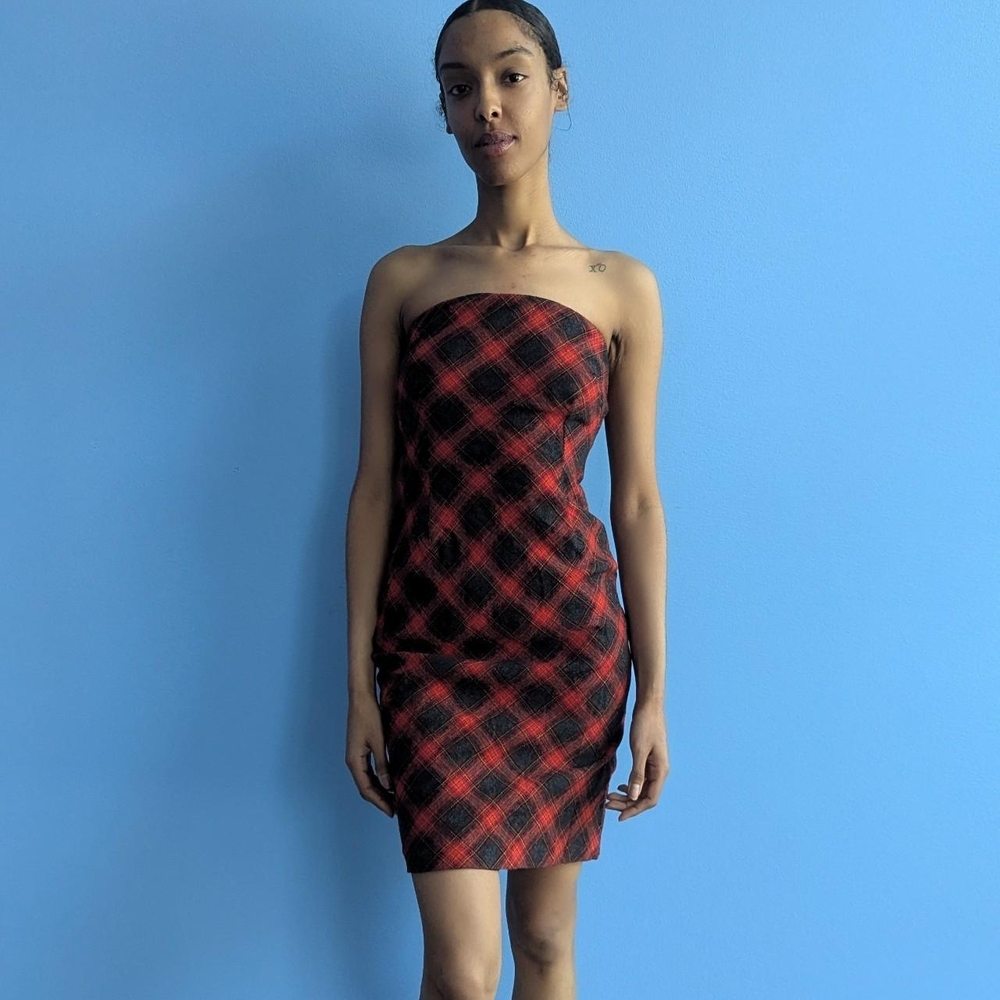Neiman Marcus Black and Orange Strapless Bodycon Dress